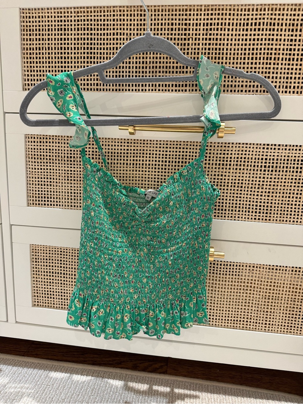Blue Life Green Floral Smocked Tie-Strap Camisole Top